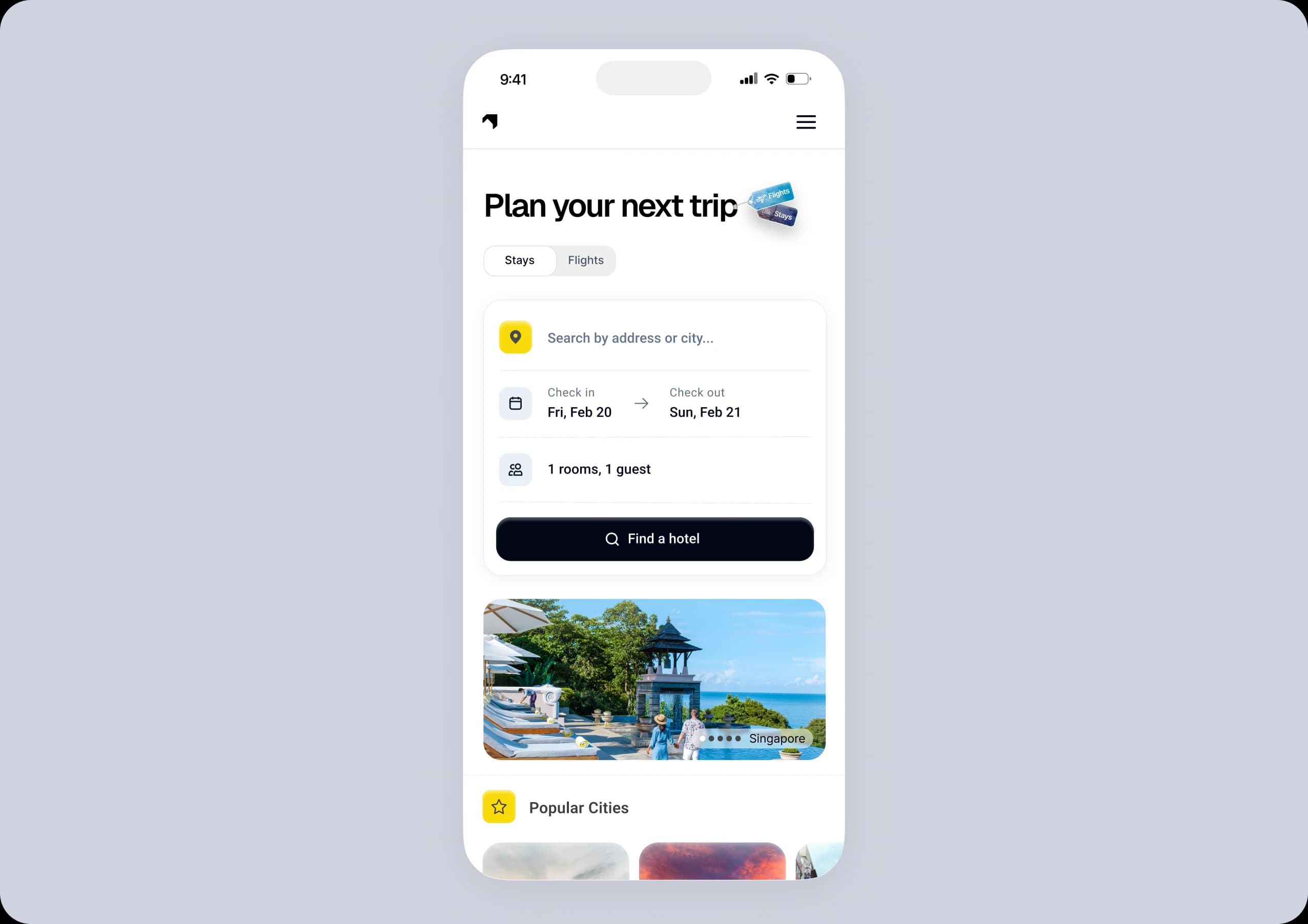Staynex mobile home with a stays and flights search form