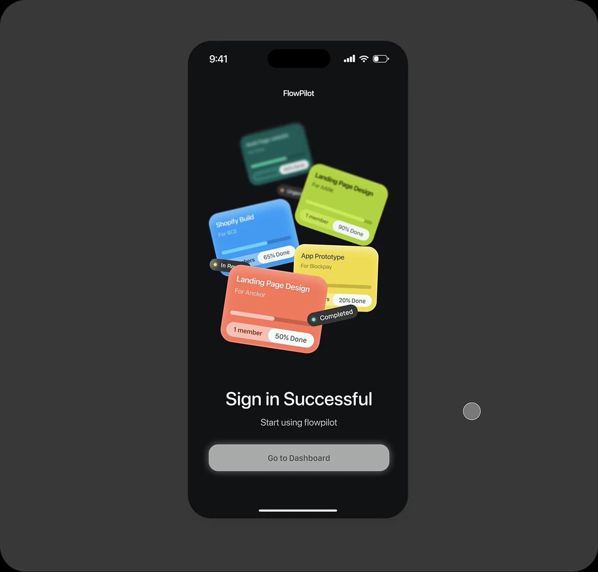 Sign-in success screen with a fan of colourful budget cards