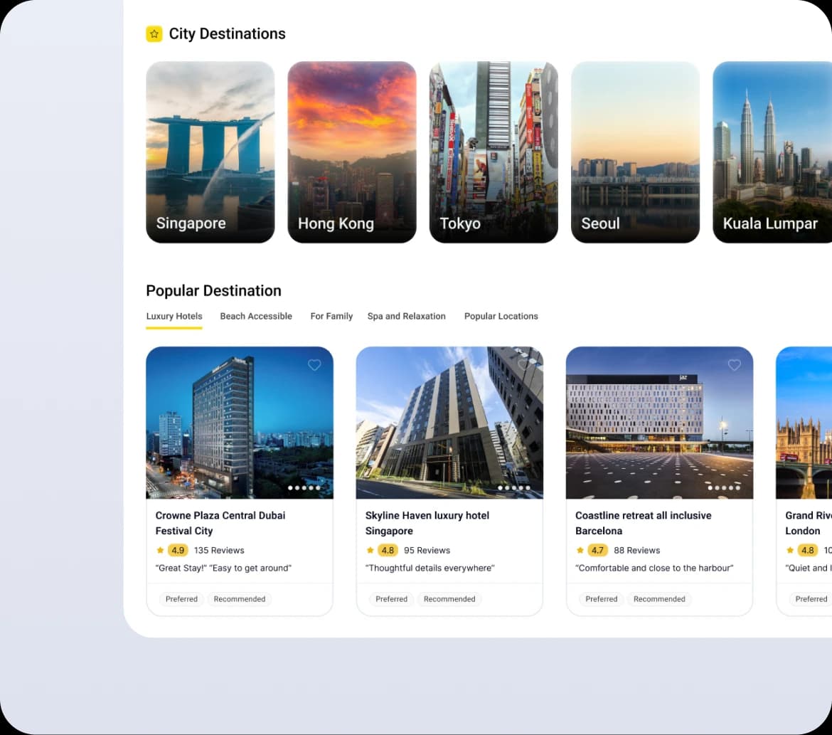 Travel booking interface listing city destinations and popular hotels