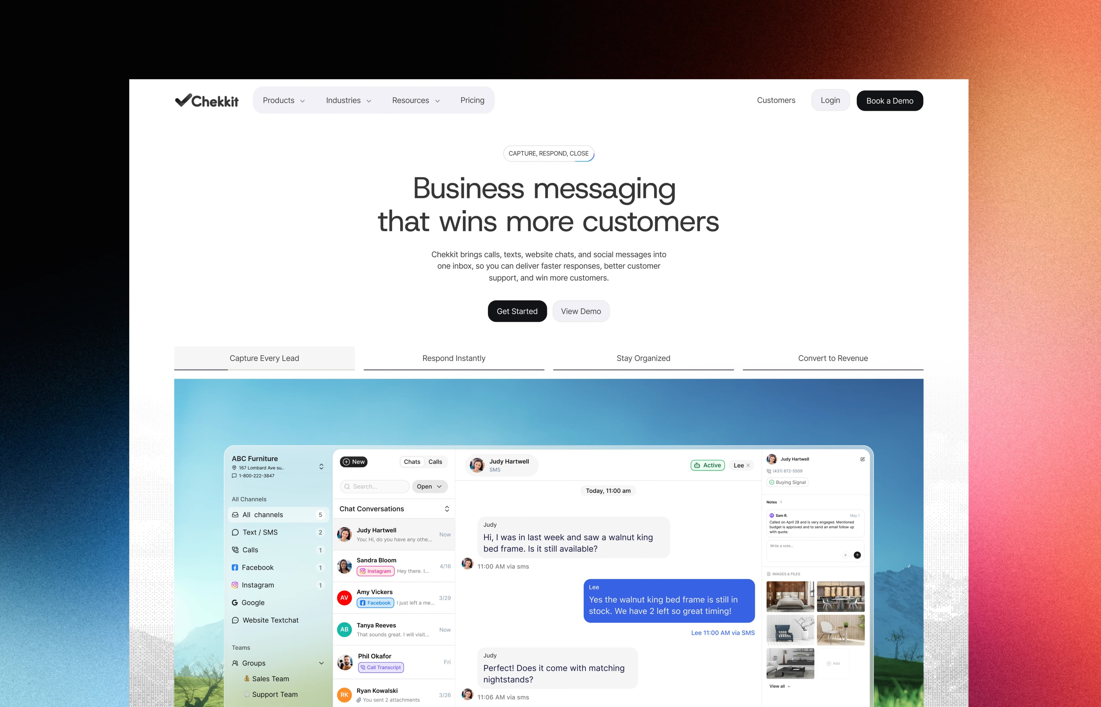 The redesigned Chekkit homepage hero: business messaging that wins more customers, with the shared inbox below
