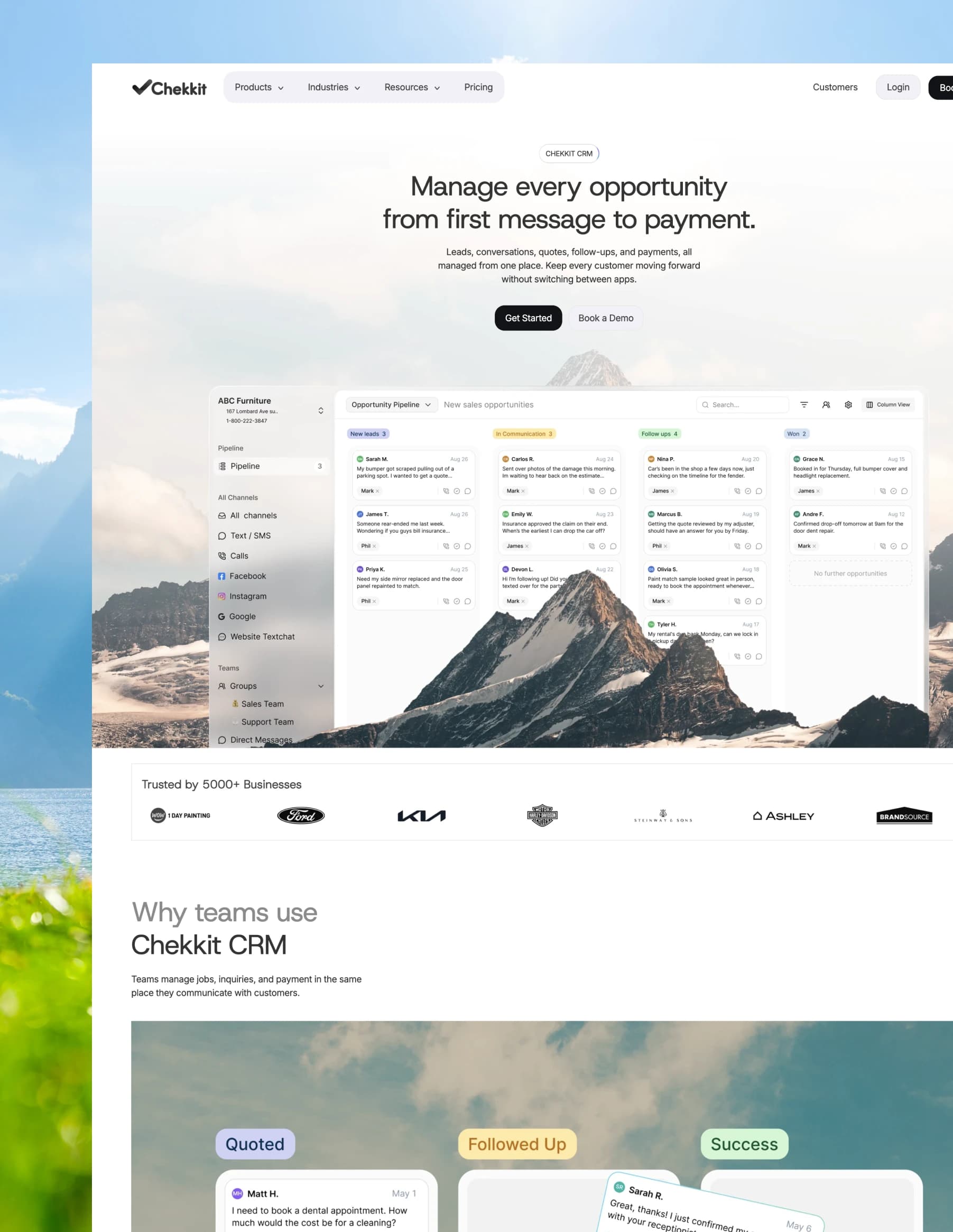 The Chekkit CRM homepage scrolled out: manage every opportunity from first message to payment, with the opportunity pipeline over a mountain lake