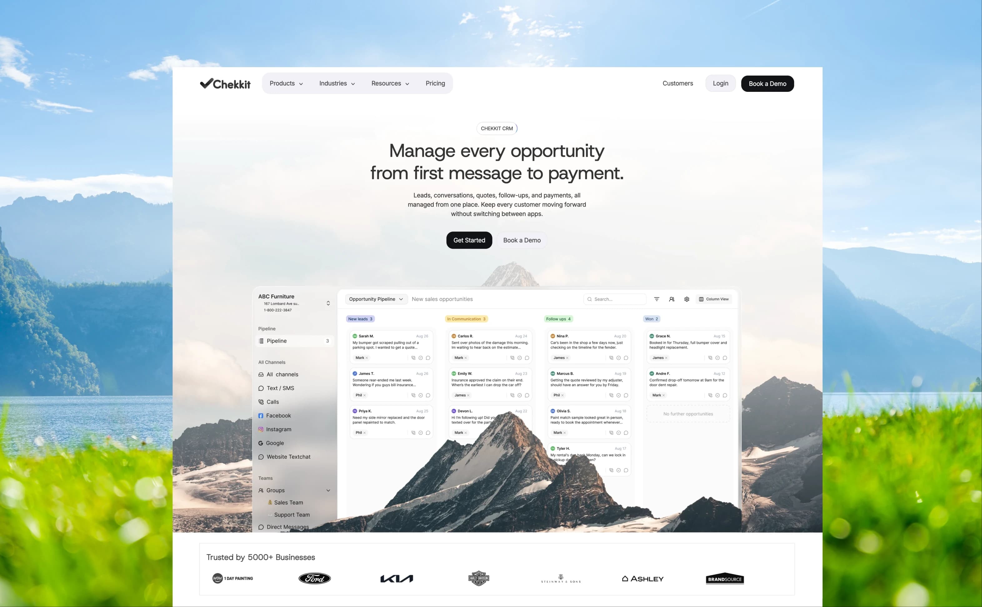 The Chekkit CRM homepage on desktop: manage every opportunity from first message to payment, with the opportunity pipeline over a mountain lake