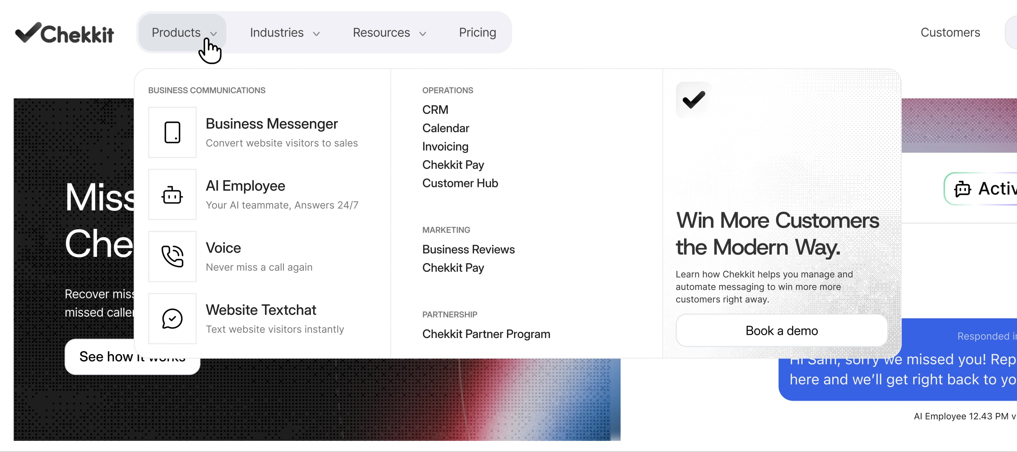 The Chekkit navigation with the Products menu open: business communications in its own column, operations and marketing grouped as lists