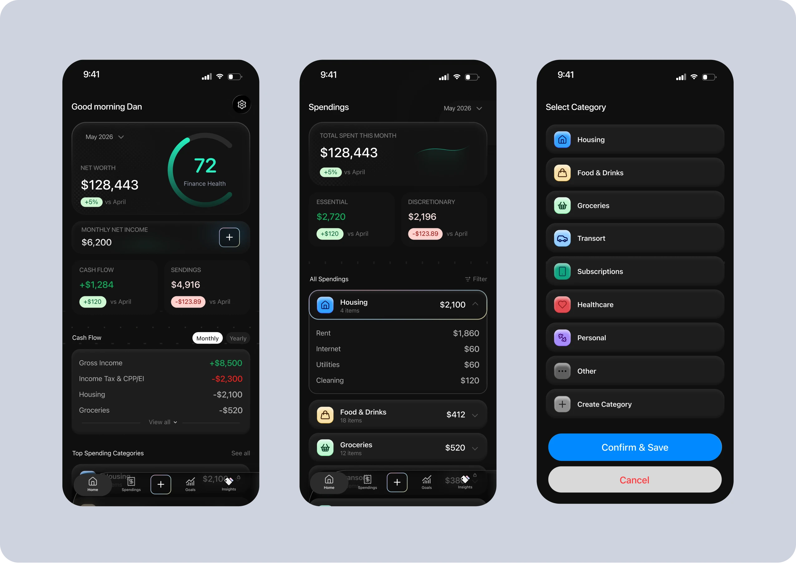 Three OnePay screens: the home dashboard with a health score, the spending breakdown and the category picker