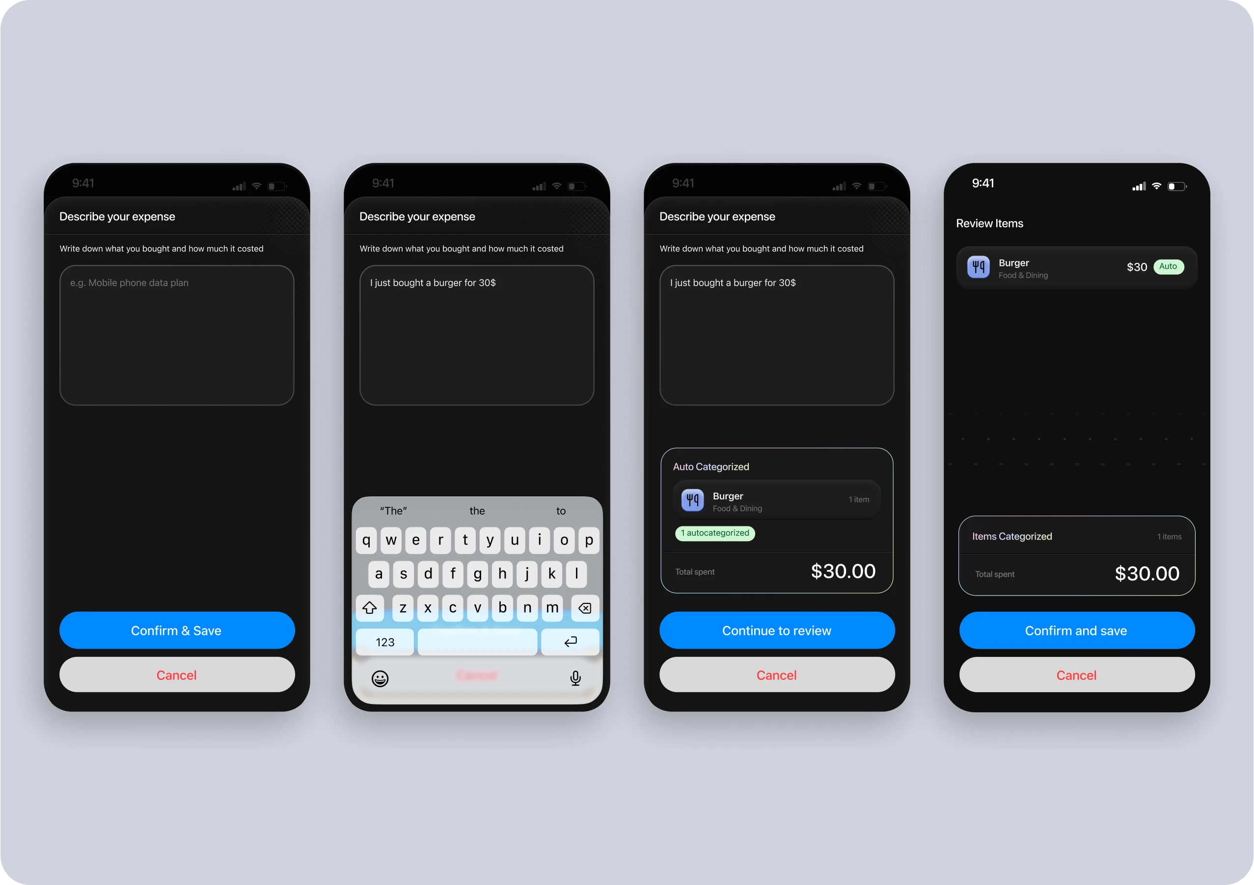 Four screens describing an expense in plain language, from typing to an auto-categorized review