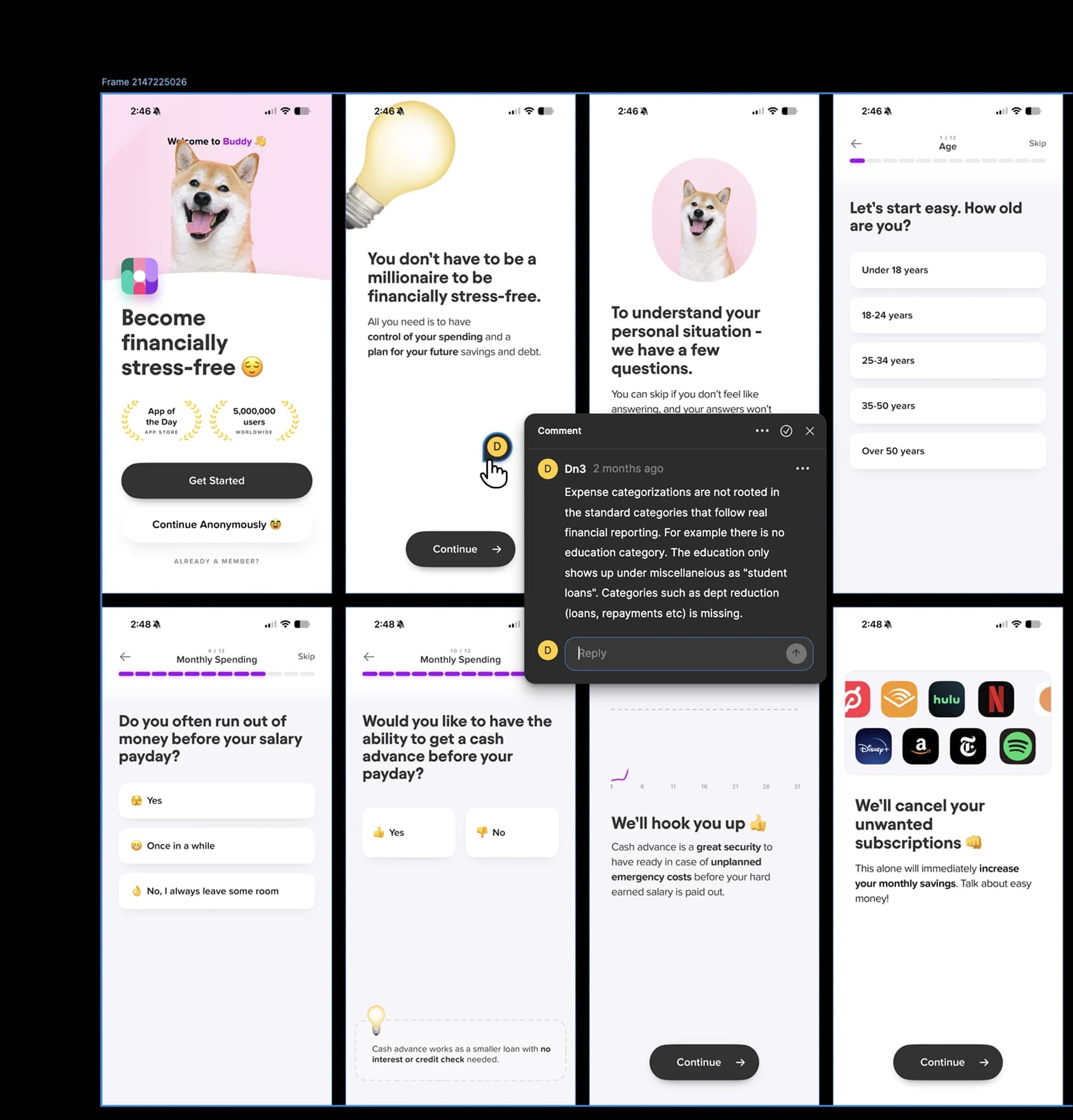 Buddy onboarding screens in Figma with a review comment noting that its expense categories are not rooted in standard financial reporting