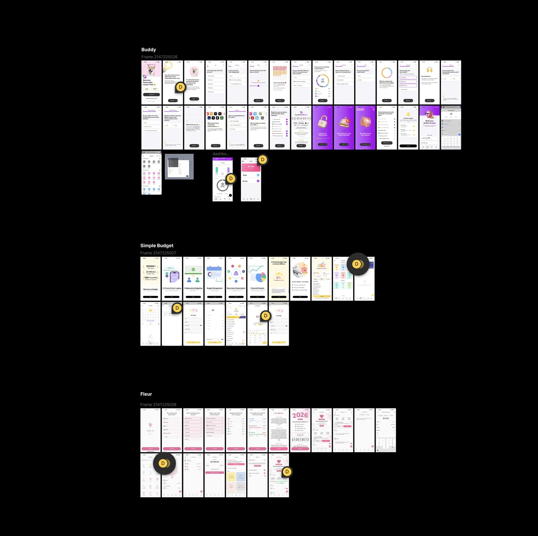 Figma canvas with every screen of Buddy, Simple Budget and Fleur laid out in rows for a competitor teardown