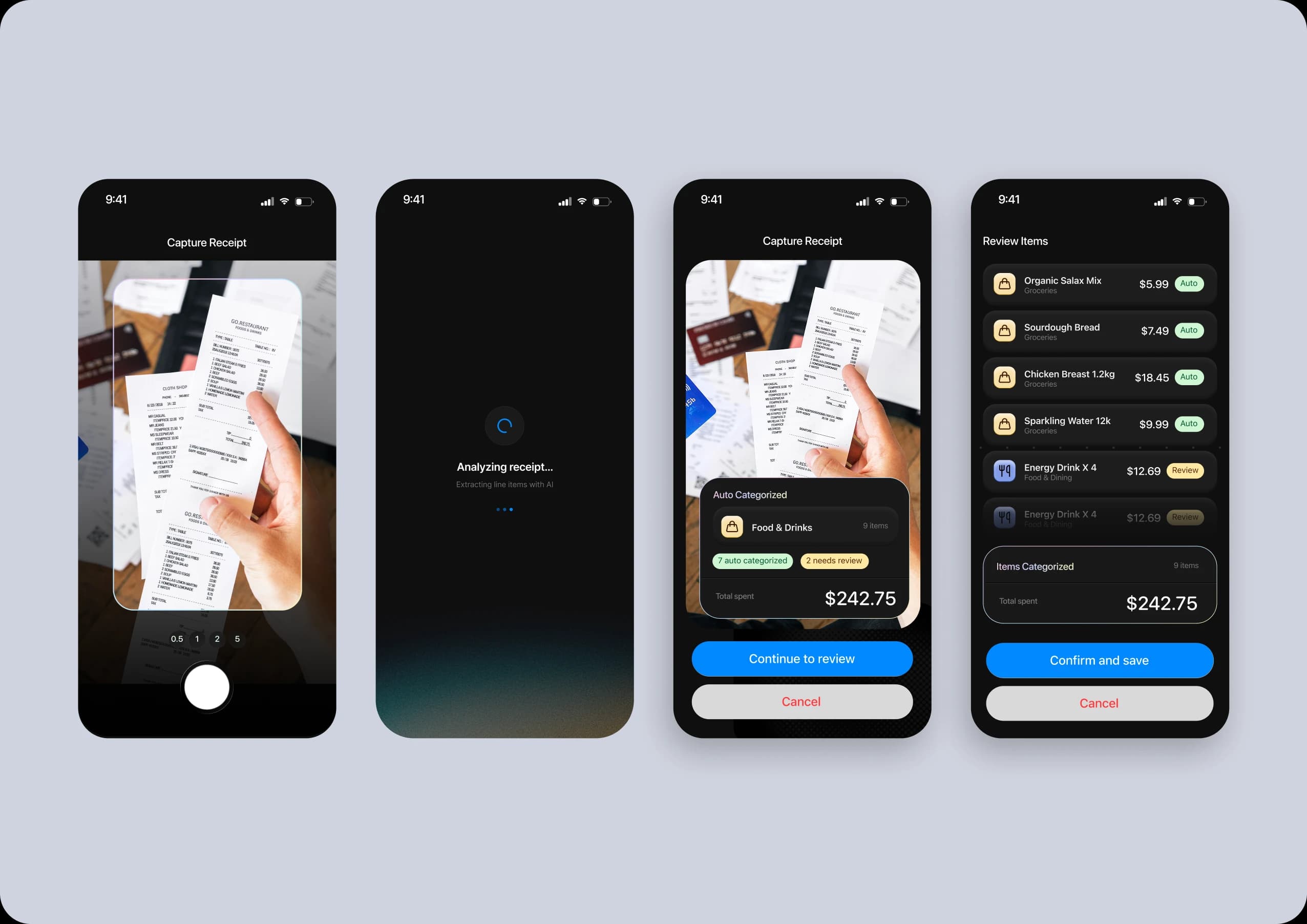 Four screens capturing a receipt with the camera, analysing it and reviewing the itemized result