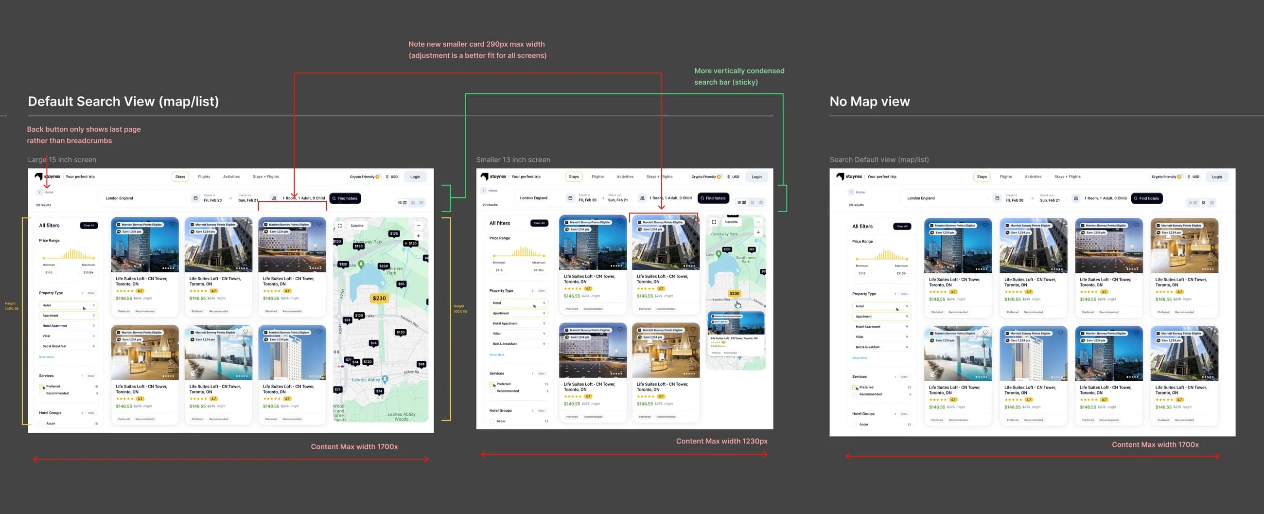 Figma canvas with three search result layouts annotated with front-end notes