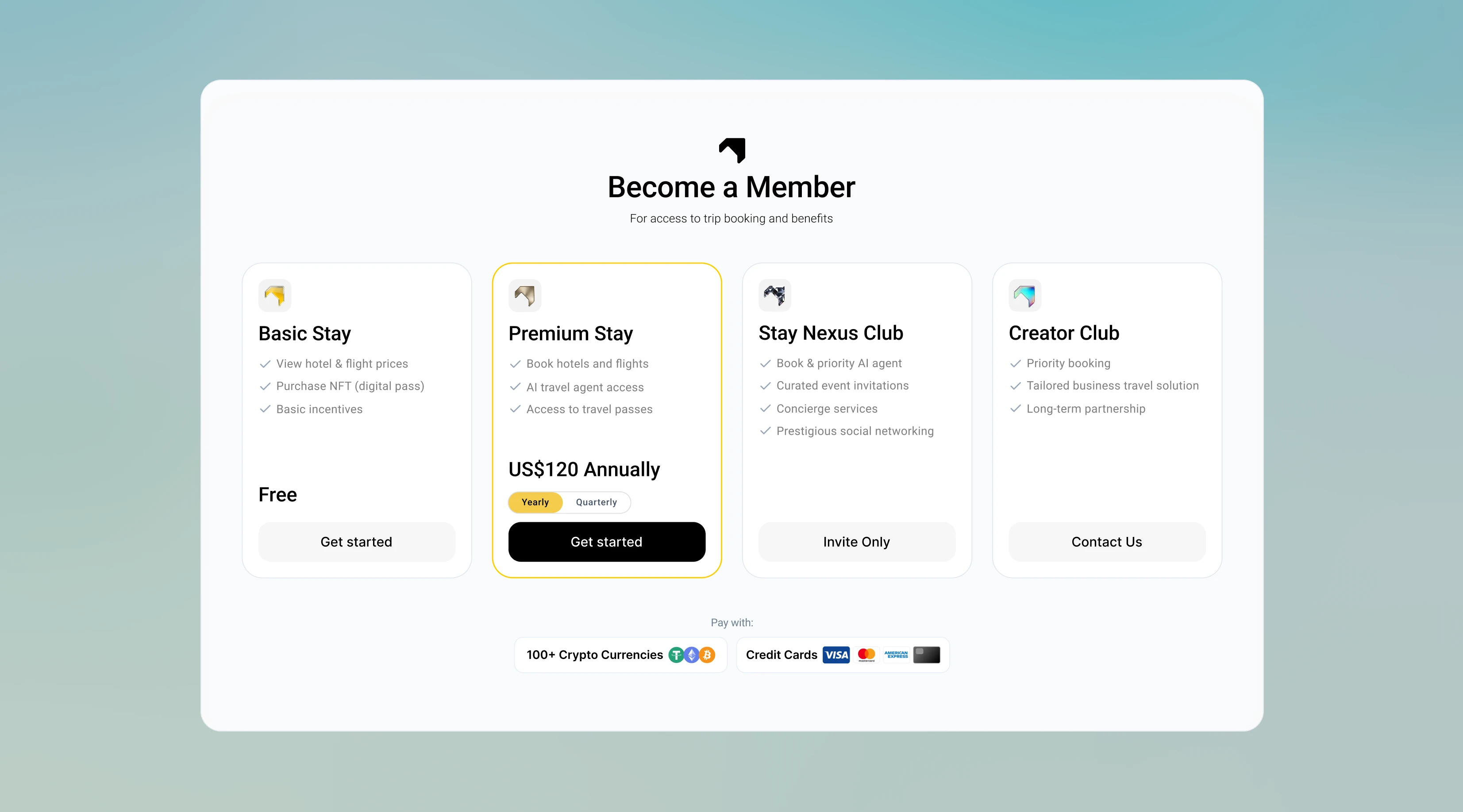 Become a Member: four plan cards from a free Basic Stay to Premium Stay at US$120 a year, Stay Nexus Club and Creator Club, payable in crypto or by card