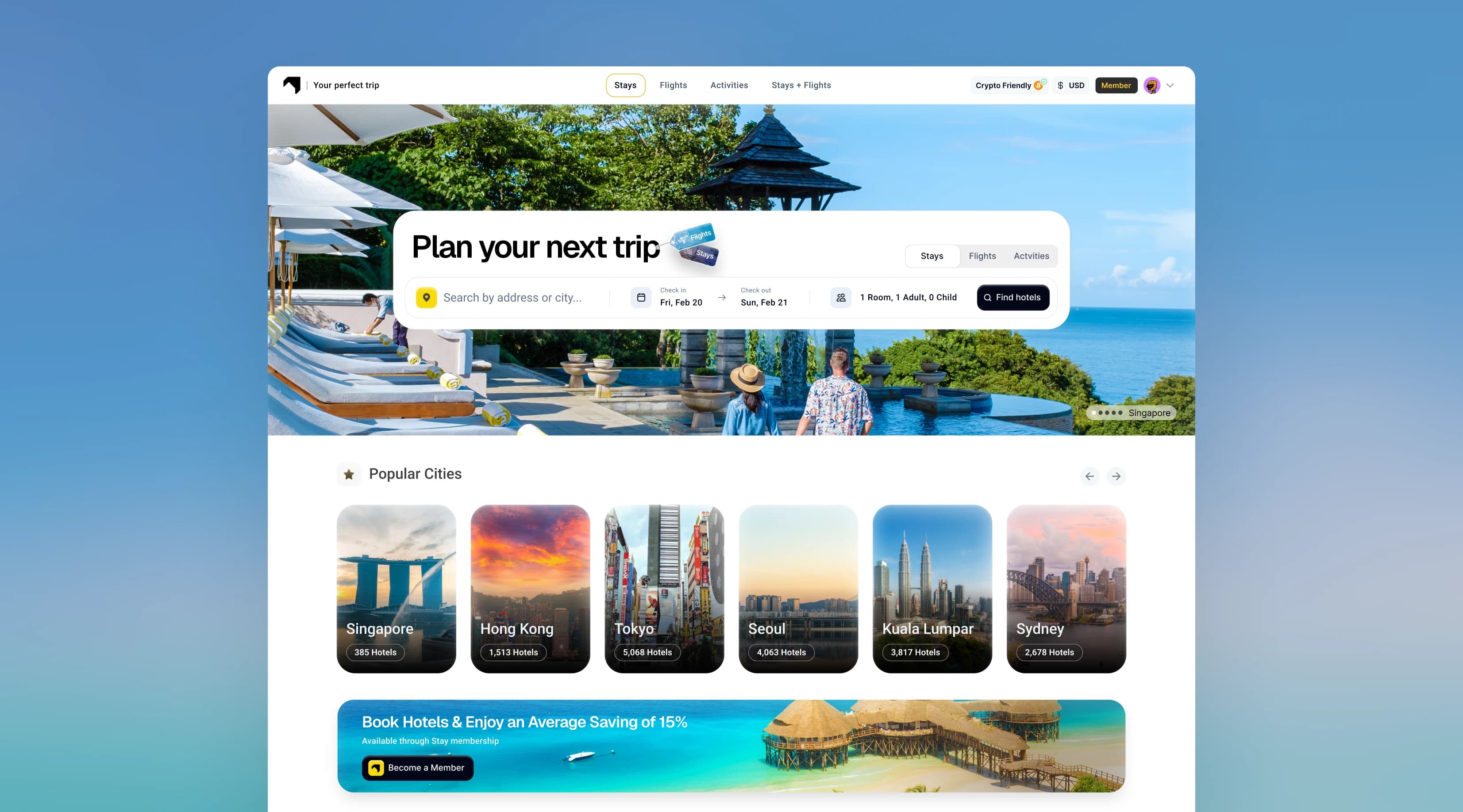 Staynex booking home on desktop: a “Plan your next trip” hotel search over a resort pool, popular city cards and a banner promising an average 15% saving through membership