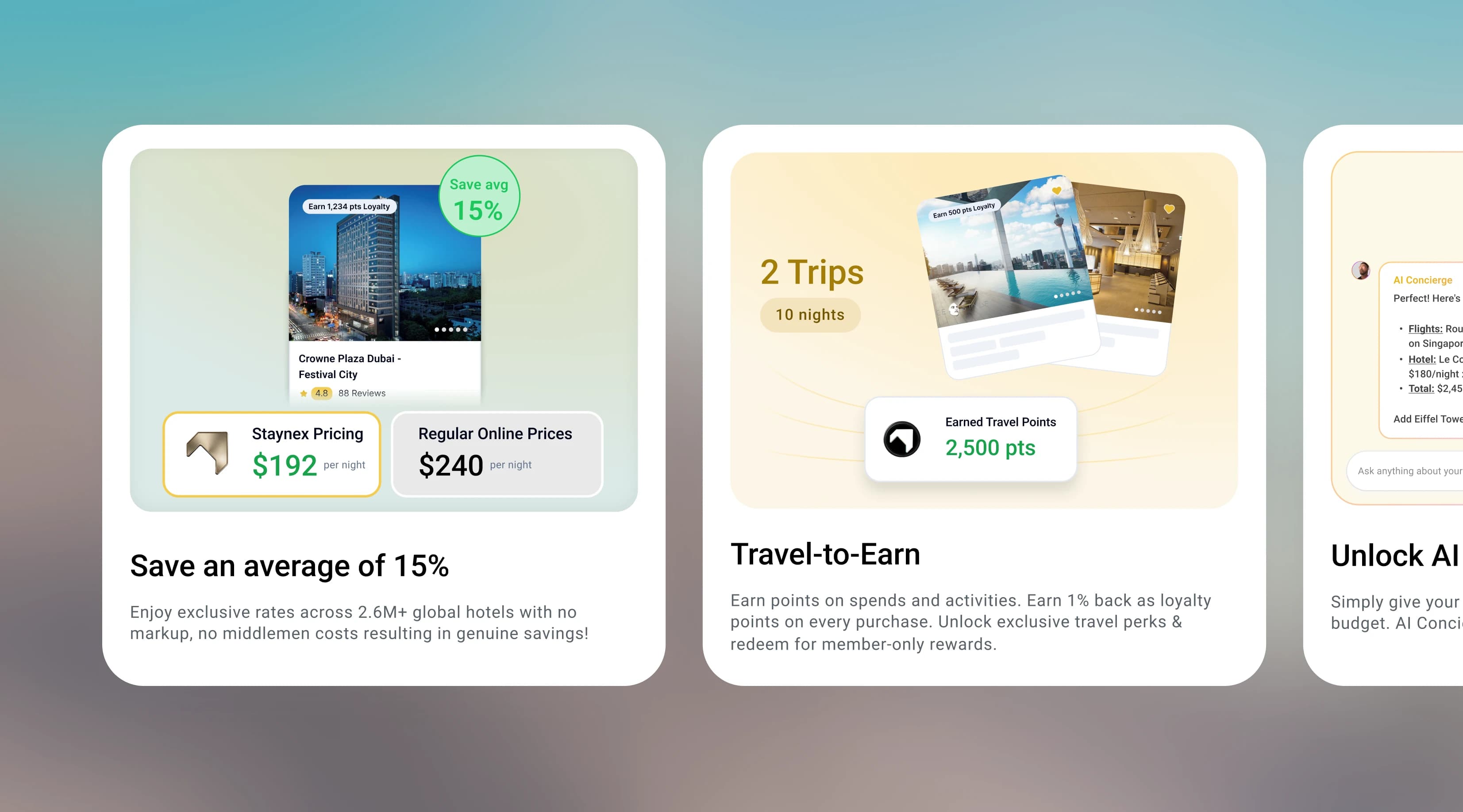 Membership benefit cards: save an average of 15% with Staynex pricing against regular online prices, travel-to-earn points across two trips, and the AI concierge