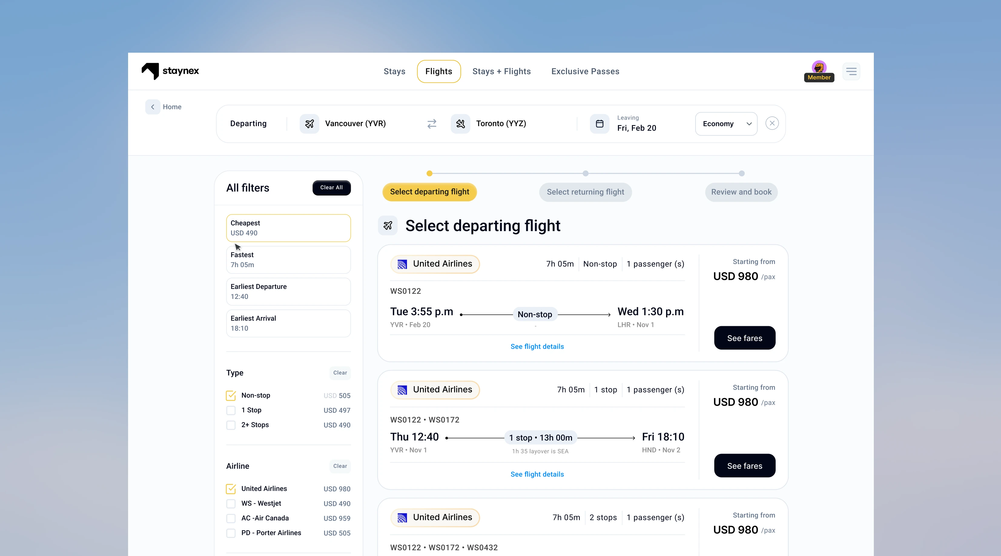 Flight results from Vancouver to Toronto with a filter rail, a three-step progress bar and fare cards for each itinerary