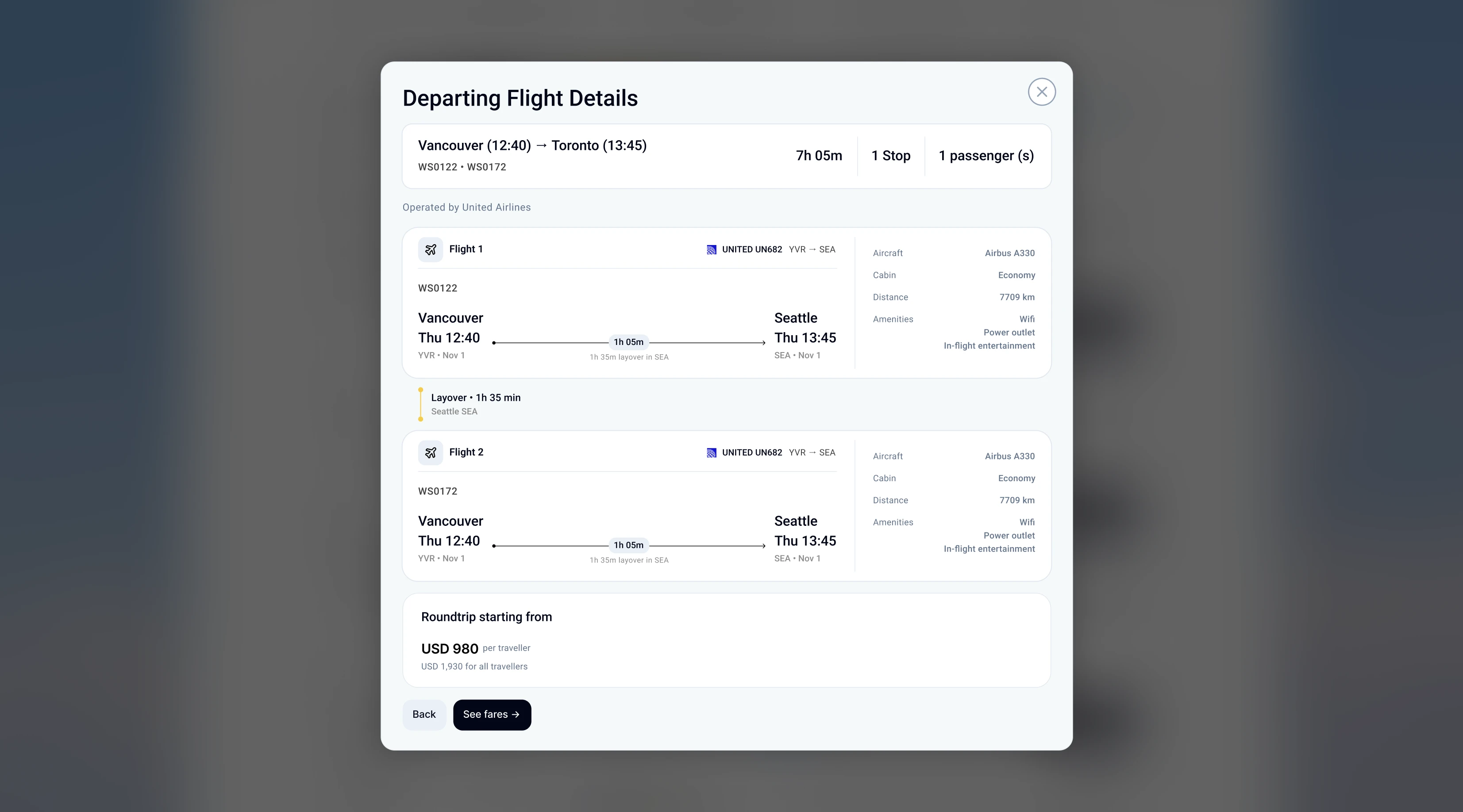 Departing flight details modal: two legs with a layover in Seattle, aircraft and cabin facts, and the round-trip price per traveller