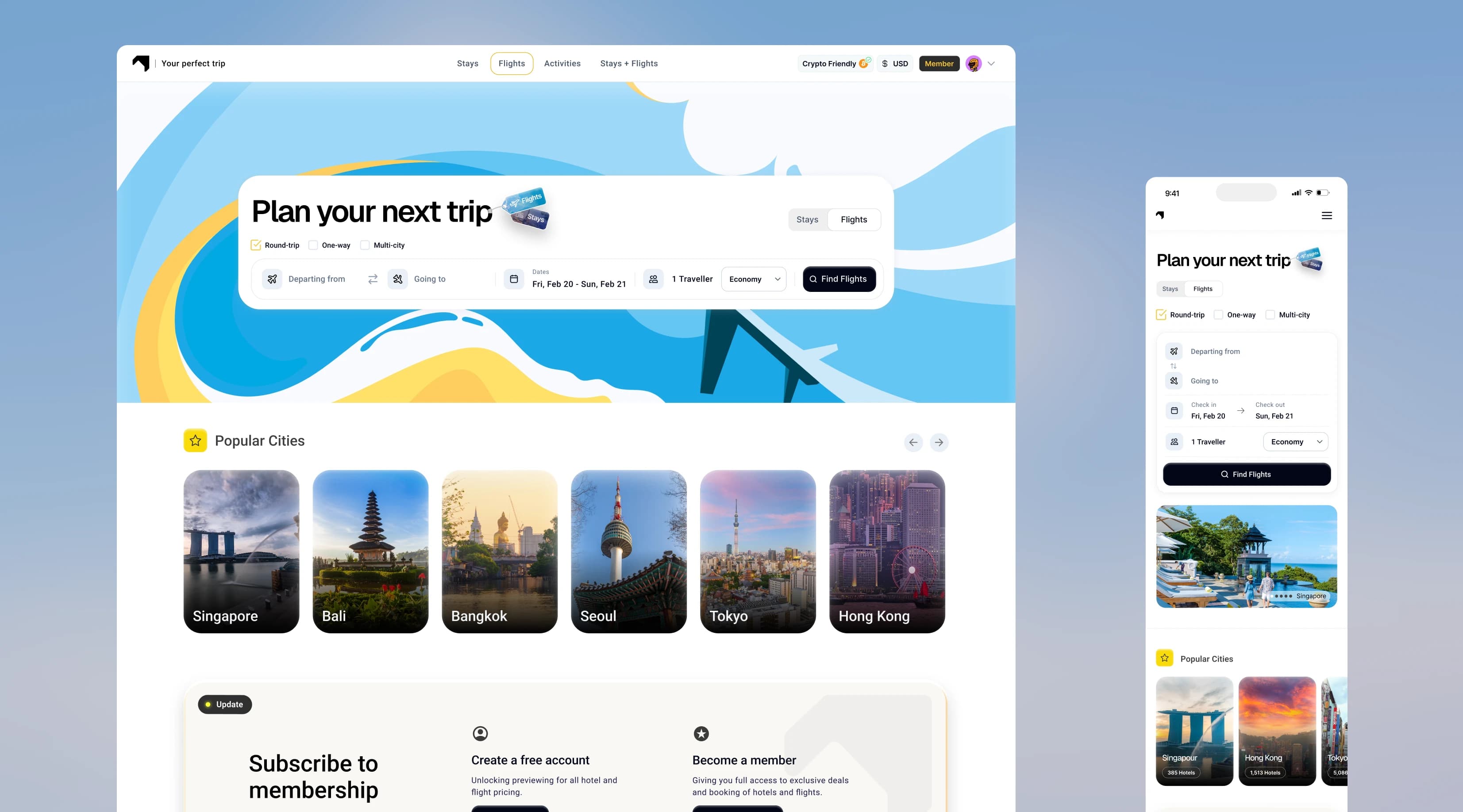 The shipped flights home on desktop and mobile: a round-trip search over a wave illustration, popular city cards and the subscribe-to-membership section
