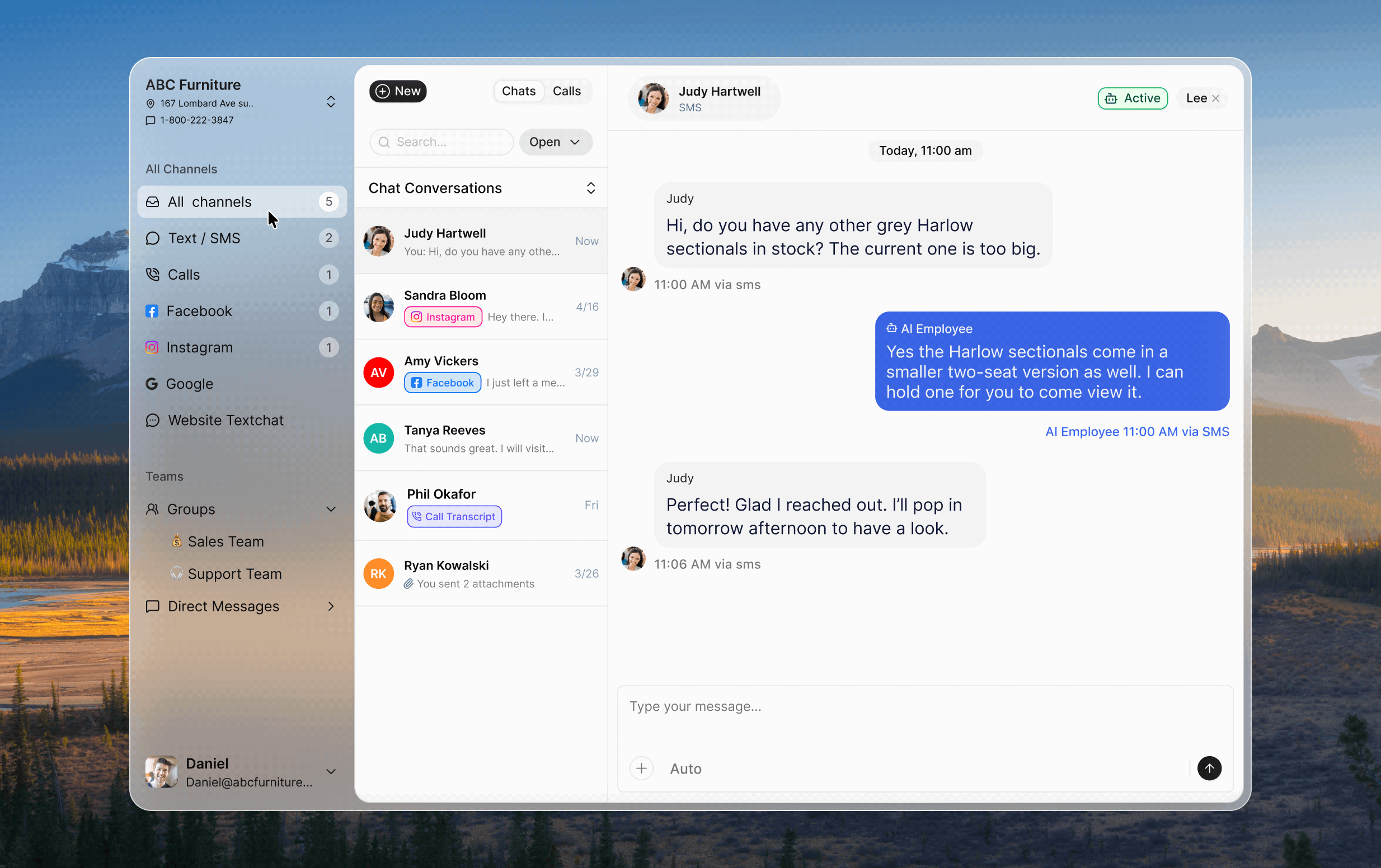 Animation: the shared inbox cycling through text, calls, Facebook, Instagram and Google in one dashboard