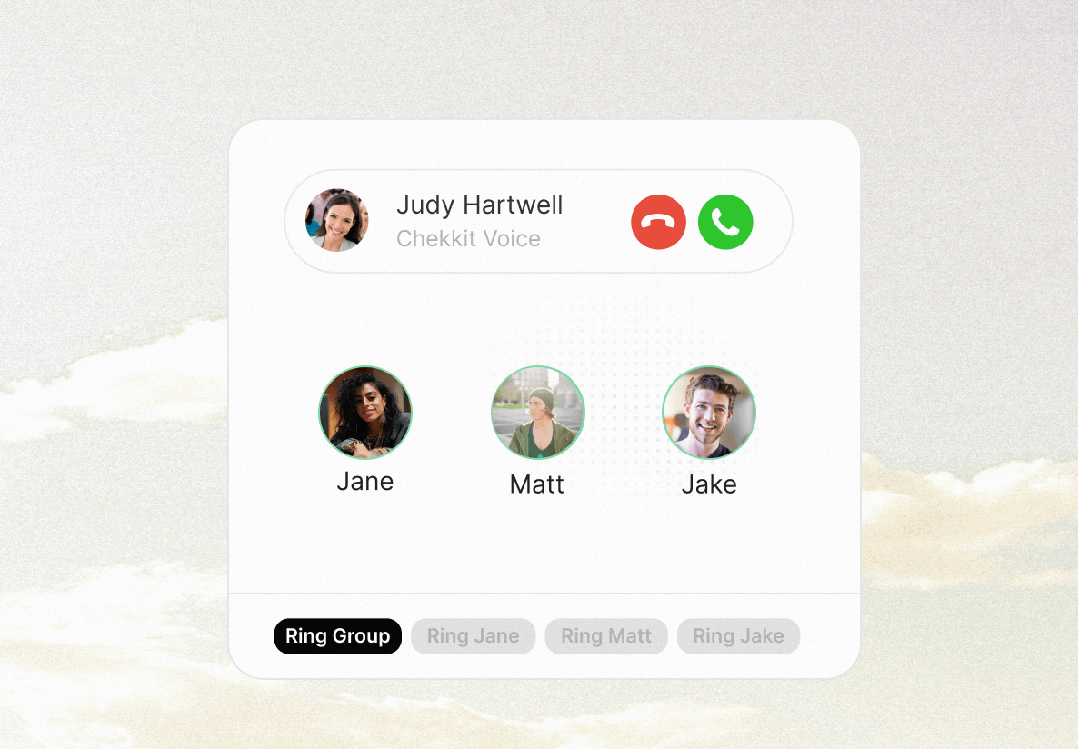 Animation: a call comes in, Jane, Matt and Jake ring at once, and one picks up